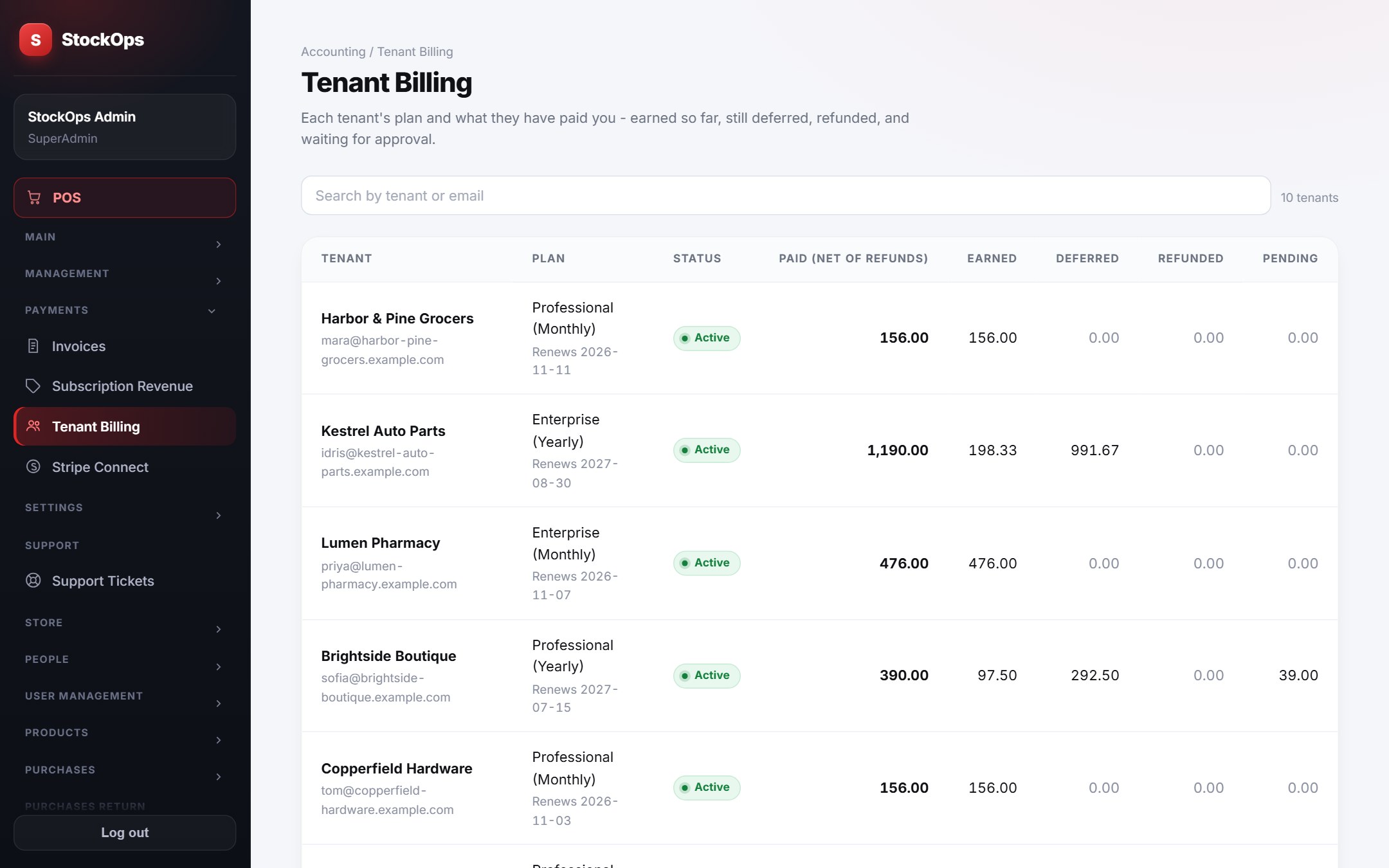 Tenant billing screen in StockOps