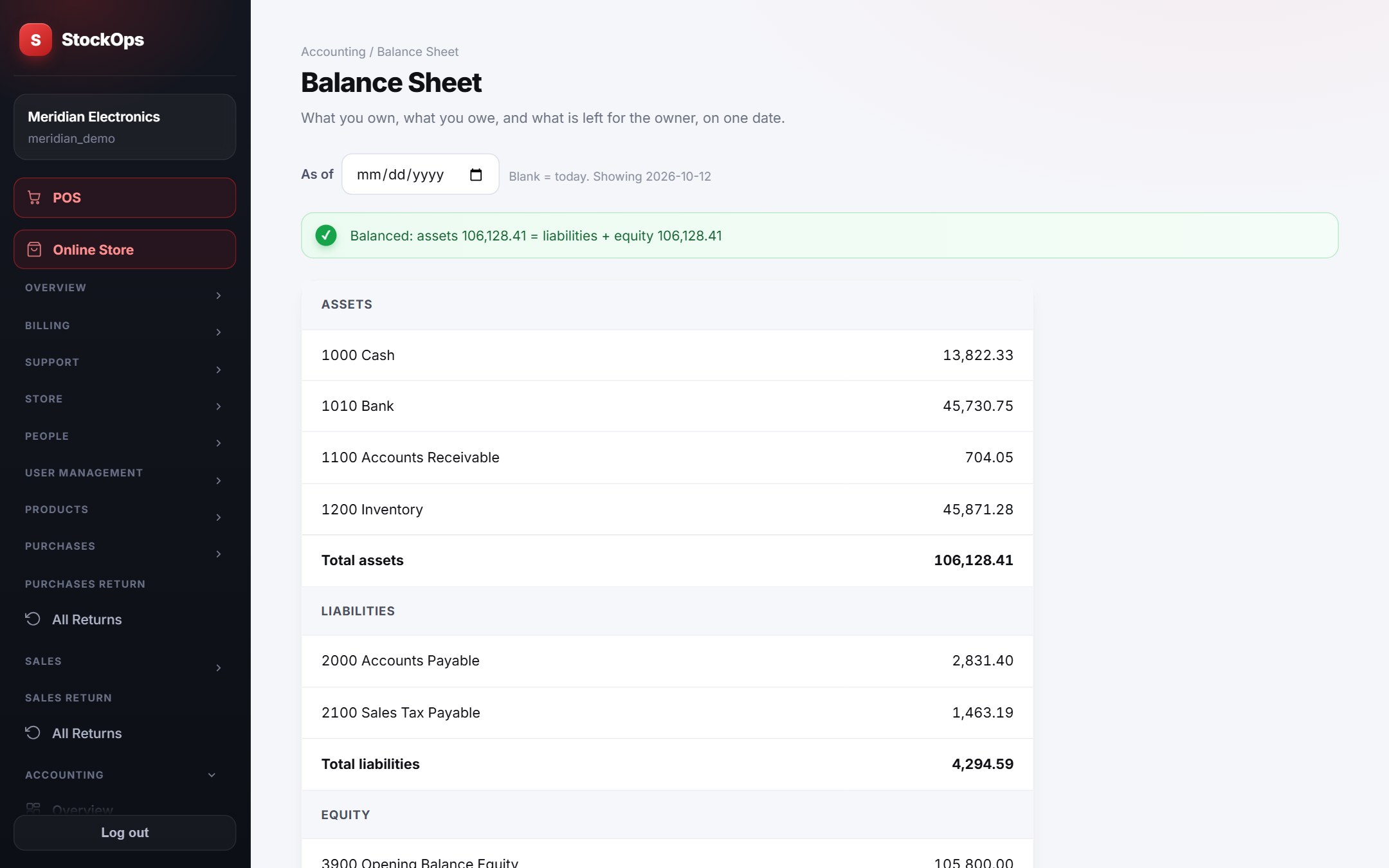 Balance sheet screen in StockOps
