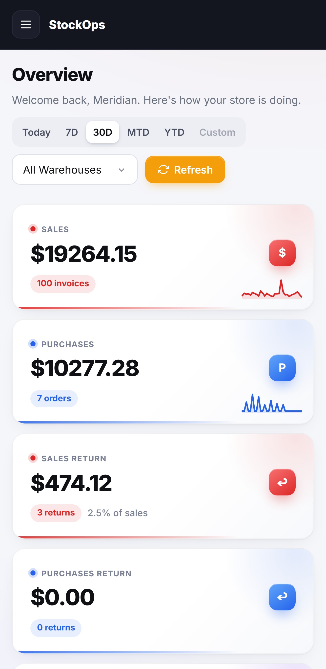 The StockOps dashboard on a phone