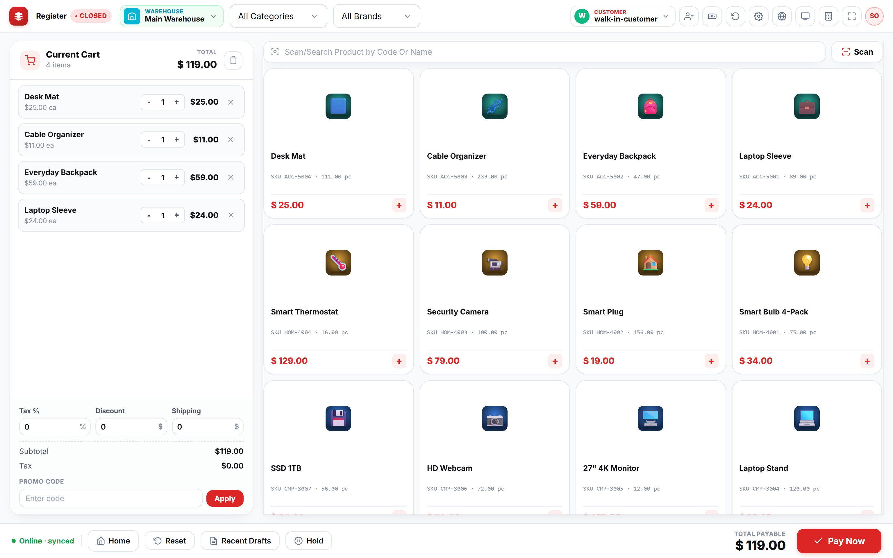 StockOps point of sale with four items in the cart
