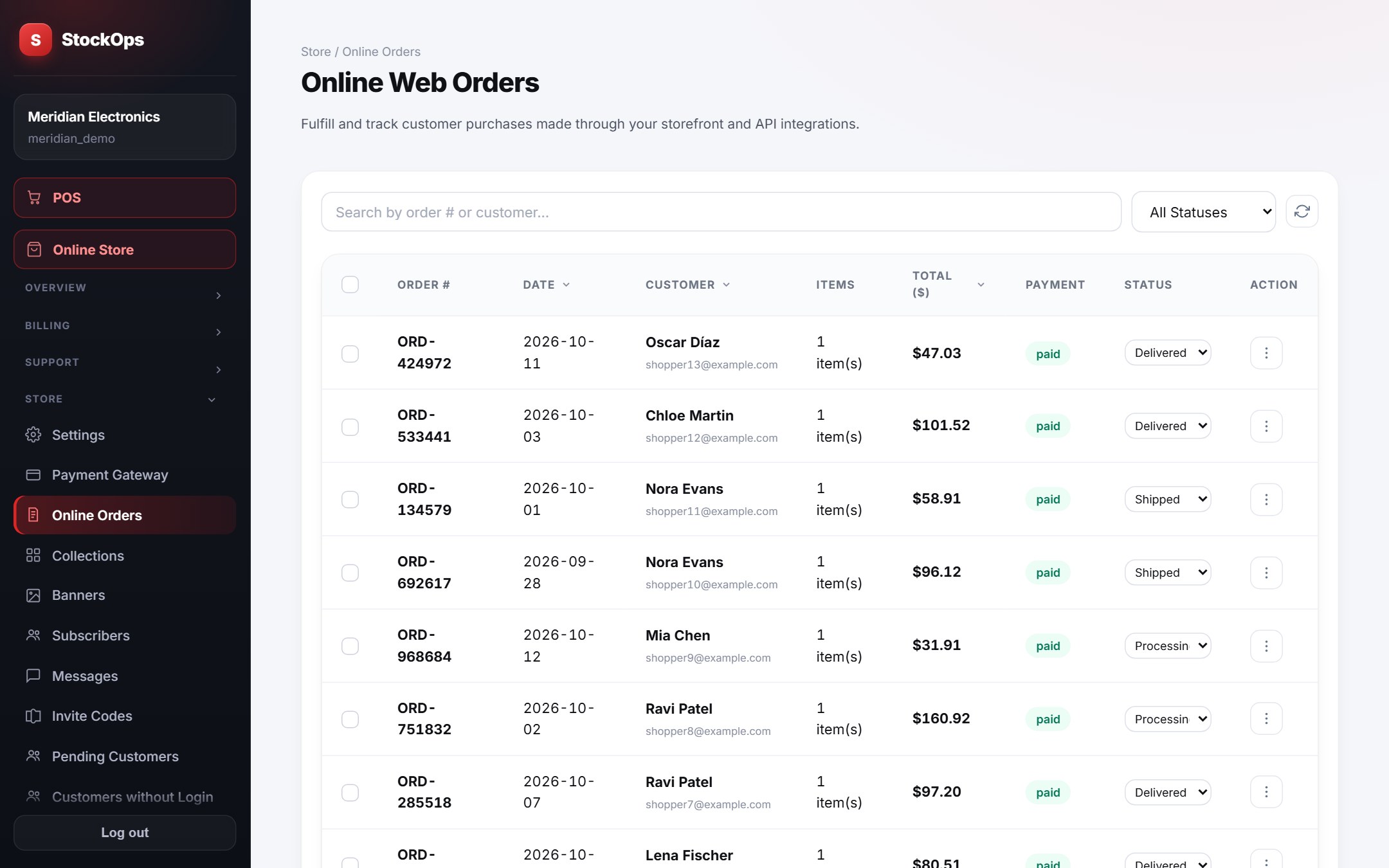 Web orders screen in StockOps