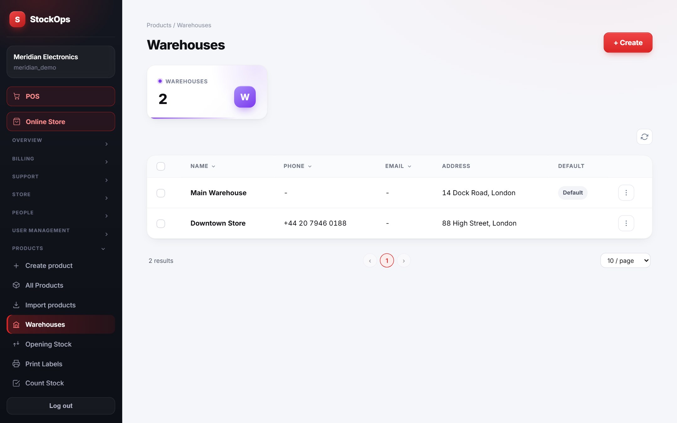 Warehouses screen in StockOps